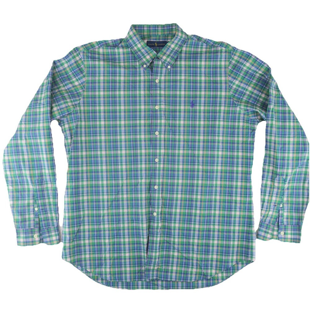 Ralph Lauren Long Sleeve Button Up Shirt Mens XL Green‎ Plaid Blue Pony Cotton